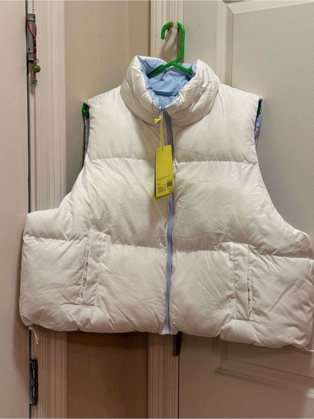 all in motion White Puffer Vest with Light Blue Trim